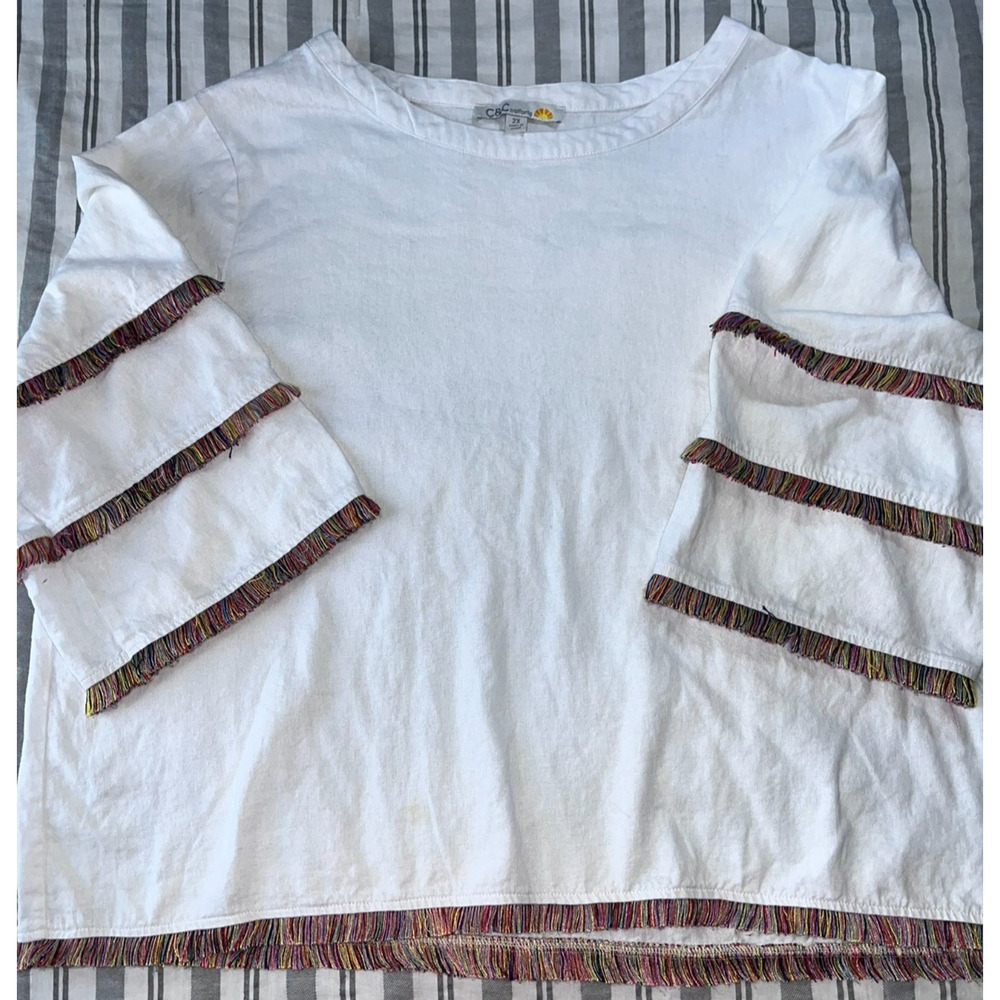 C&C California Blouse Womens Size 2X Round Neck Fringe Trim Top 3/4 Sleeve